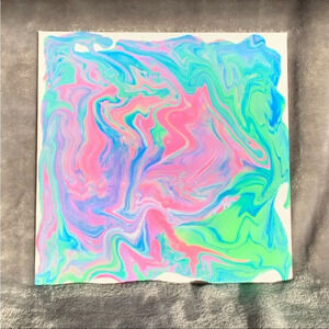 Original Paint Pour - 8”x8” Green, Pink, Blue, White & Lavender on canvas board